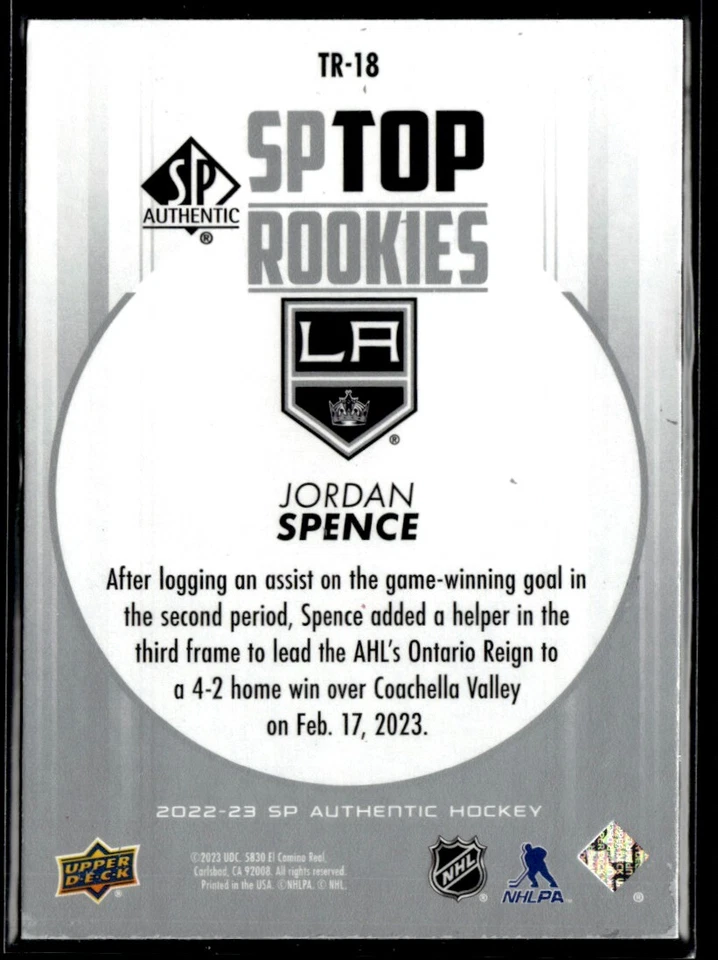2022-23 SP Authentic Top Rookies Jordan Spence #TR-18 - Image 2 of 2