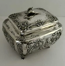 German 800 Fine Silver Art Nouveau Dresser or Sugar Box With Cherubs C. 1880