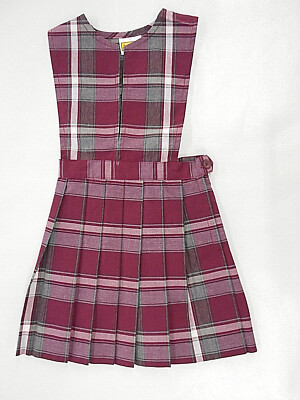 Girls A+ Wine & Gray Plaid V-Slit Knife Pleat Uniform Dress Reg & 1/2 Sz 3-181/2