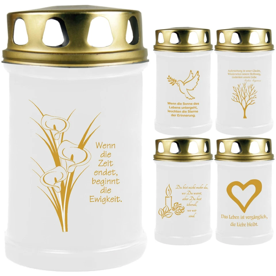 HSCANDLE Grabkerze Weiß Motiv 48 Stunden Grablicht Grabkerzen Grablichter Gold mit Spruch