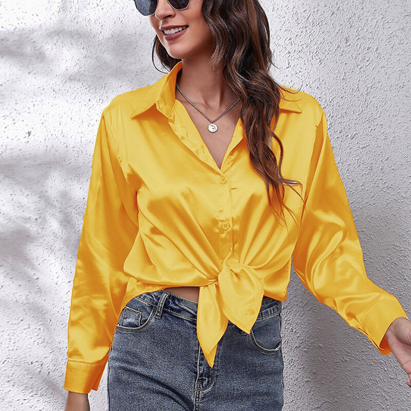 Saashi Women's Autumn Vintage Satin Blouse Long Sleeve Button Down Silky Shirt.