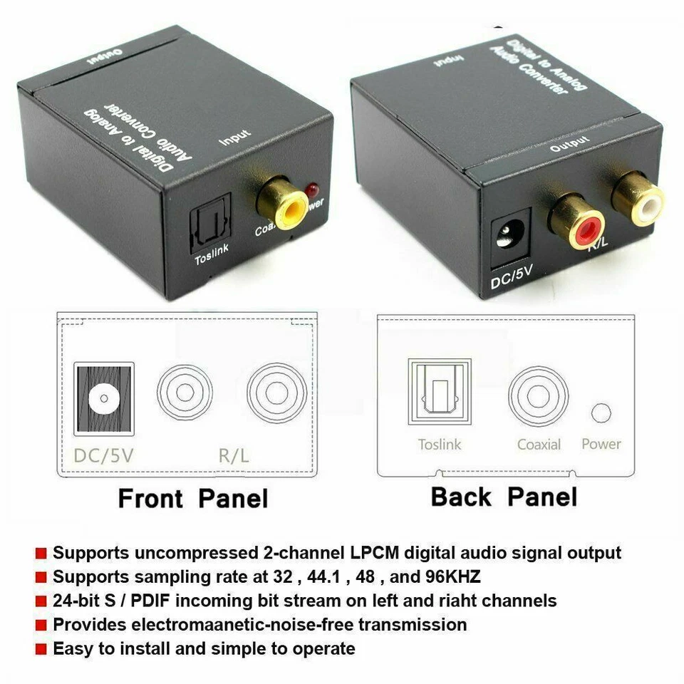 Digital Optical Coaxial to Analog RCA L/R Audio Converter Adapter w/ Fiber Cable - Image 4 of 4
