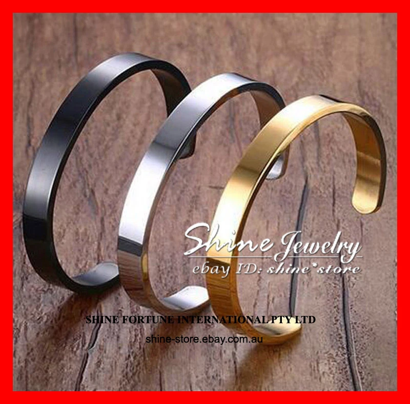 SILVER BRACELET SOLID STAINLESS STEEL PLAIN POLISHED ENGRAVABLE MENS CUFF BANGLE