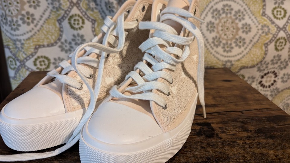 American Eagle Womens High Top Sneaker, Lace Up with Lace , Cream