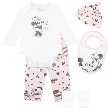 Baby Girls Disney Minnie Mouse Bodysuit with Hat and Bib 5 Piece Outfit Set