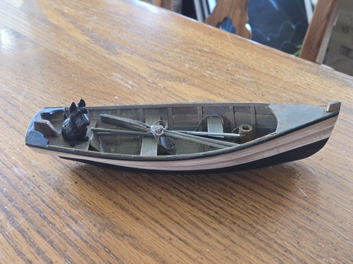 Vintage Small Wooden Rowboat w/Oars and Small Dog