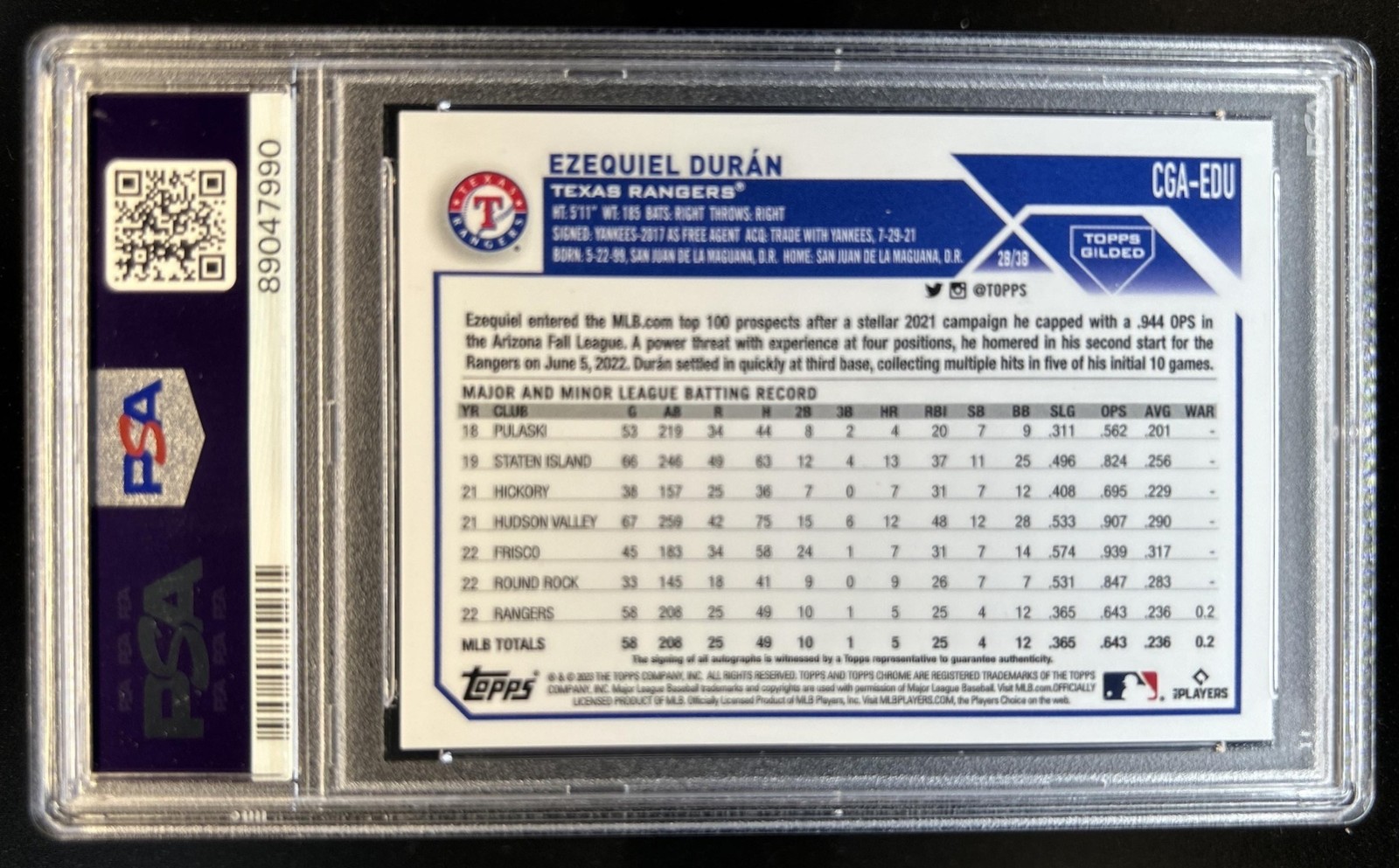 2023 Topps Gilded Ezequiel Duran Chrome Gold Etch Auto Autograph RC #/99 PSA 10 view 2
