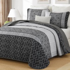 Boho Quilt Set King Size 3 Pieces,Grey Striped Plaid Bedspread,Soft Microfibe...