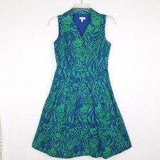 Talbots Petites 2P Shirtdress Button Up Kelly Green Blue Floral Box Pleats