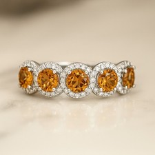 Citrine Diamond 925 Sterling Silver 5 Stone Halo Ring November Birthstone 1013