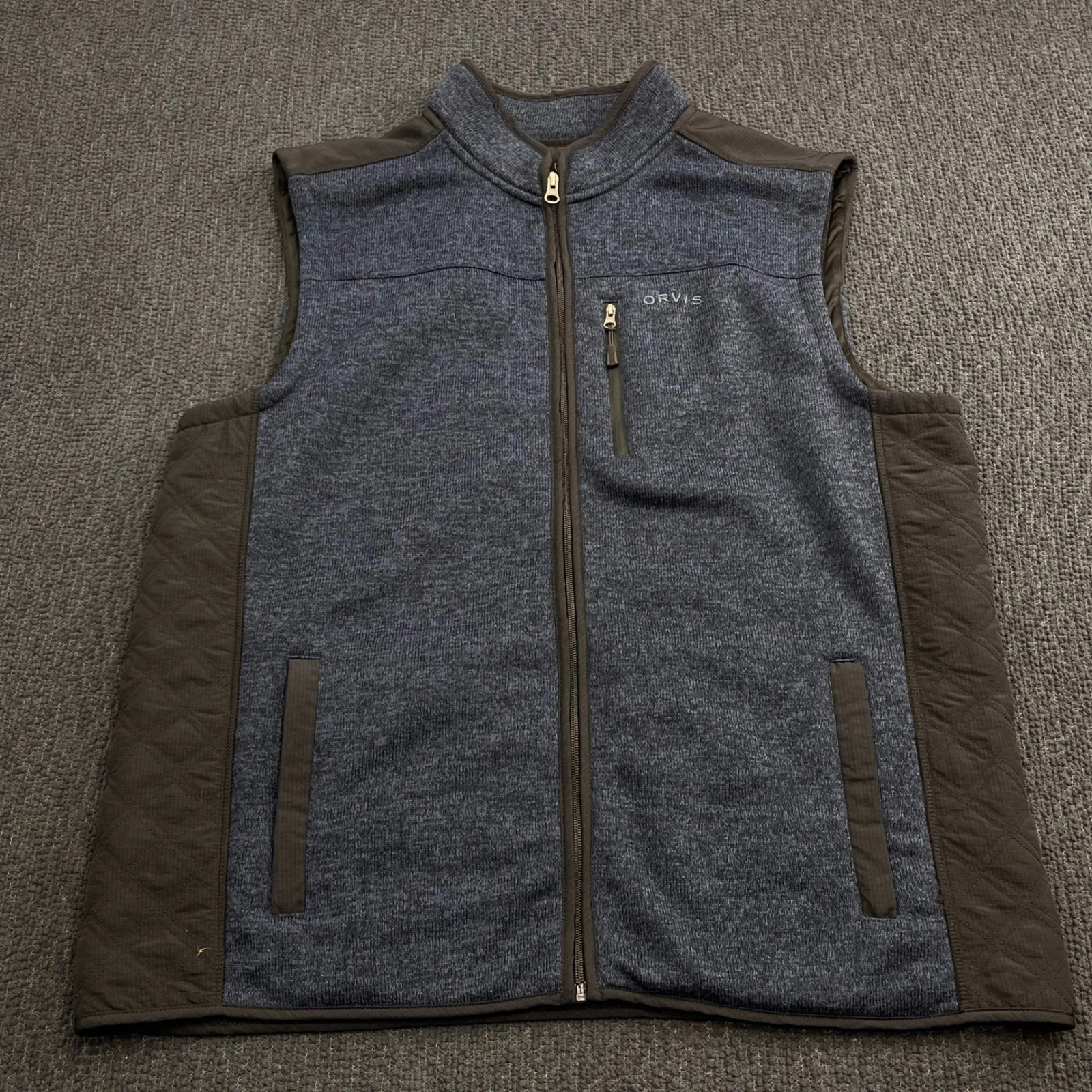 Orvis Mens XXL Blue Heather Full Zip Sweater Fleece Vest Quilted Trim Mock Neck