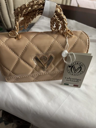 Borsa trapuntata Valentino Orlandi nuova con etichette tortora cinturino catena oro manico superiore prezzo al dettaglio consigliato $349