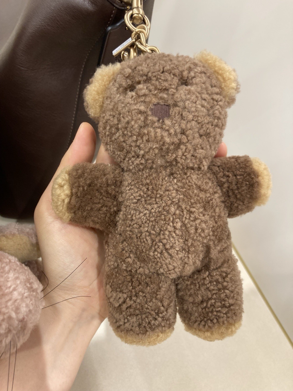 COACH Teddy Bear Bag Charm Signature Shearling CH112 Beige Brass Tan Multi New