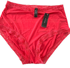 New NWT Panties Josie Natori Brief Silky High Rise Lace Waist Leg Coral Red L
