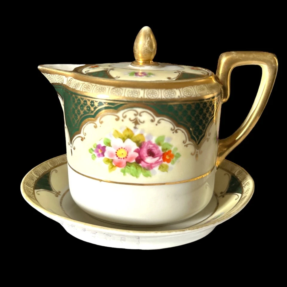 Jarra de jarabe Noritake antigua rara con placa base pintada a mano y dorada Foto 3 de 4