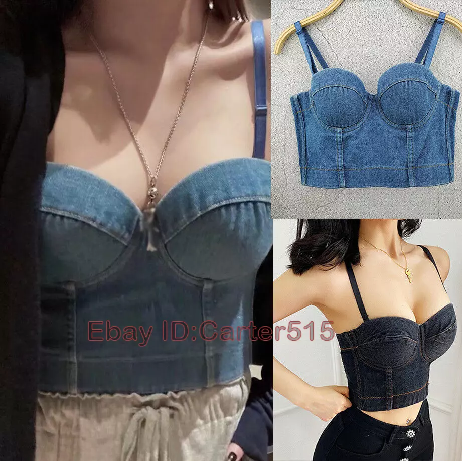 Women Denim Corset Bustier Crop Bra Top Jeans Vest Tank Bralette Blouse  Sexy HOT