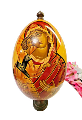 Vtg Russian Orthodox Icon Wood Mary mother & Son easter egg shape Figurine 8.5''