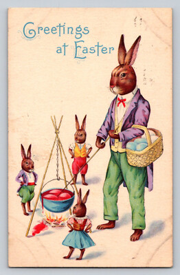 Dressed Anthropomorphic Rabbit Family Fantasy Making Egg Easter P725