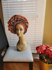 Aso-Oke African Headtie Auto Gele, Ready Made Gele Burnt Orange Multi 