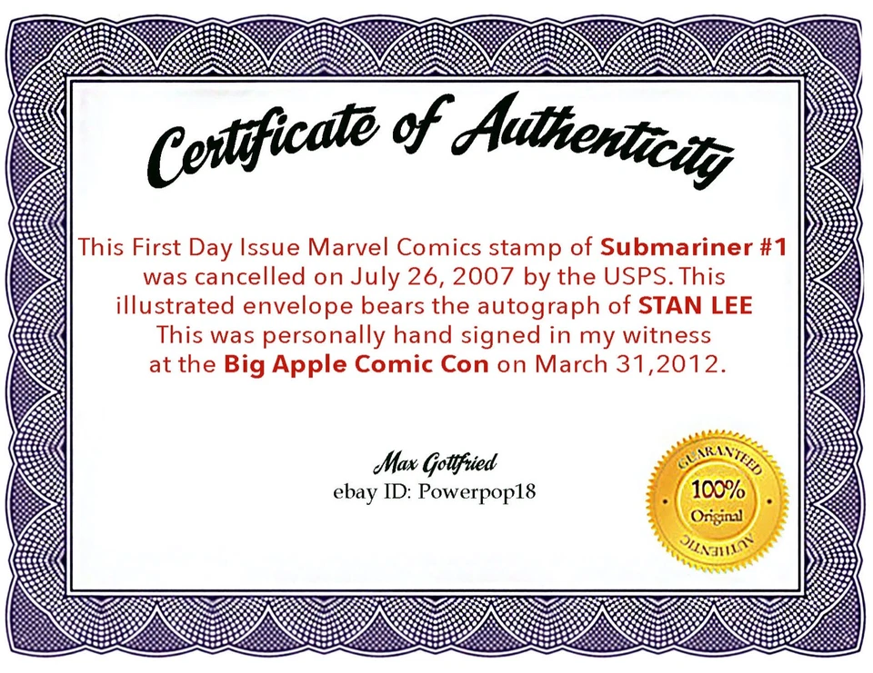 SELLO DEL PRIMER DÍA DE EMISIÓN DE MARVEL COMICS~FIRMADO STAN LEE~SUB-MARINER #1~2007~CERTIFICADO DE AUTENTICIDAD Foto 3 de 4