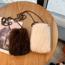 Womens Real Mink Fur Purse Wallet Phone Pouch Party Bag Crossbody Bag w Chain