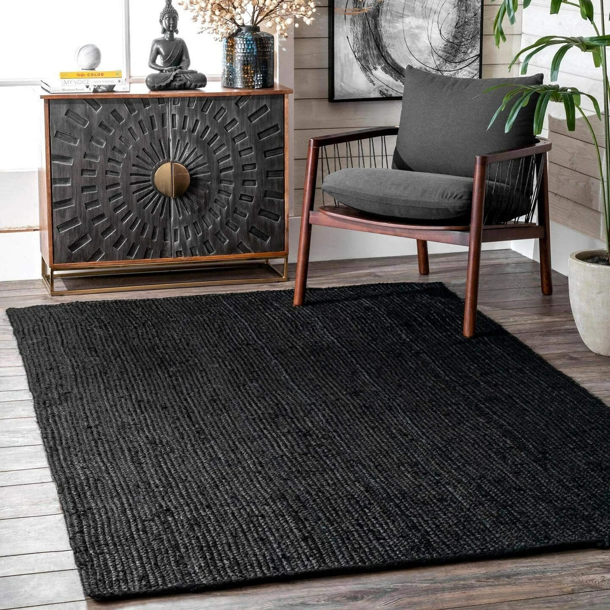 Rug Black Jute Carpet Natural Handmade Rustic look Runner Braided Reversible