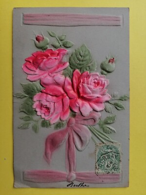 Old postcard fantasy in thick relief bouquet of roses flowers ribbon