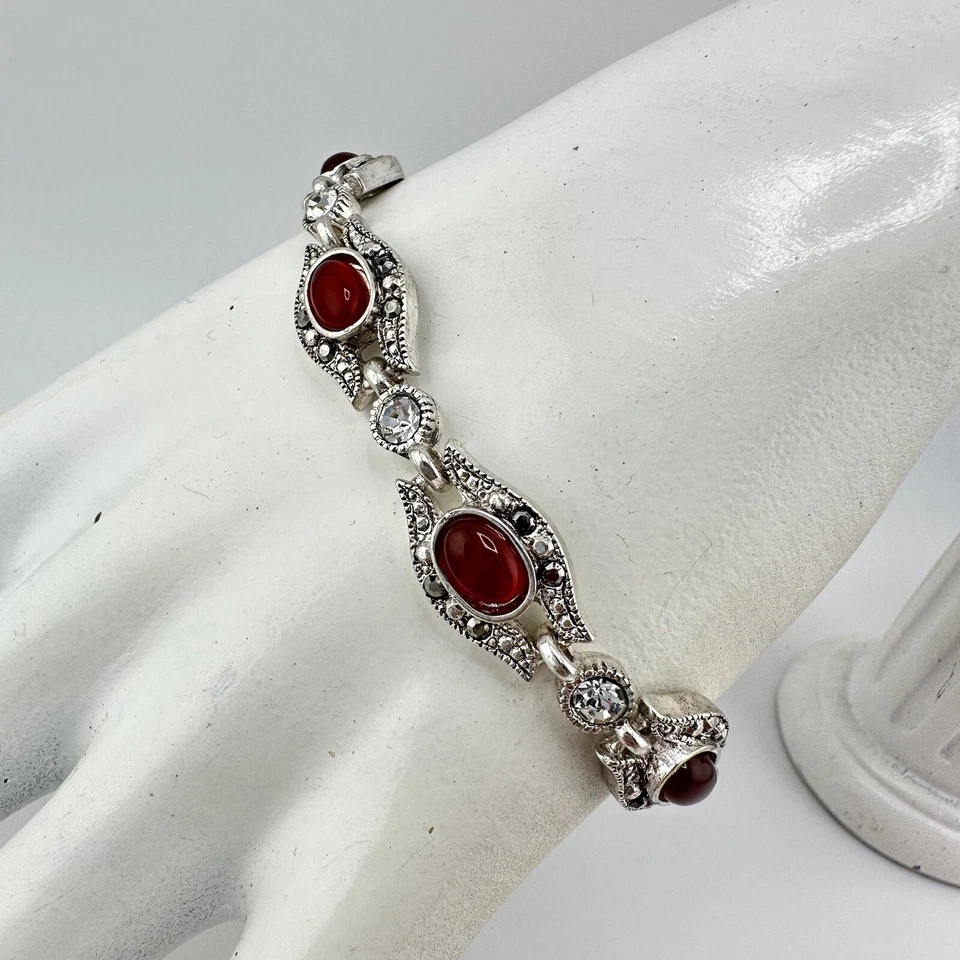 "Brazalete estilo victoriano mal de ojo imitación marcasita gema de vidrio rojo tono plata 6,75""" Foto 4 de 4