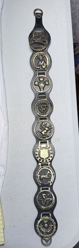 Vintage Leather Horse Strap With 9 Brass Medallions 21”