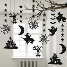 6Pcs Halloween Hanging Banner Garland Scary Spider Witch Ghost Bat Pendant Ornam