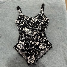 Vintage Black White Floral One Piece Swimsuit Ruched Small Retro Pinup