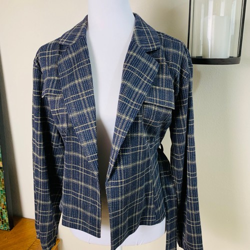Modcloth Size S Metallic Gold Plaid Blazer Jacket Blue and Gold Belted Classic - Picture 13 of 14