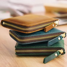 Handmade Slim Card Holder - Crazy Horse Full Grain Leather Zipper Vintage Wallet