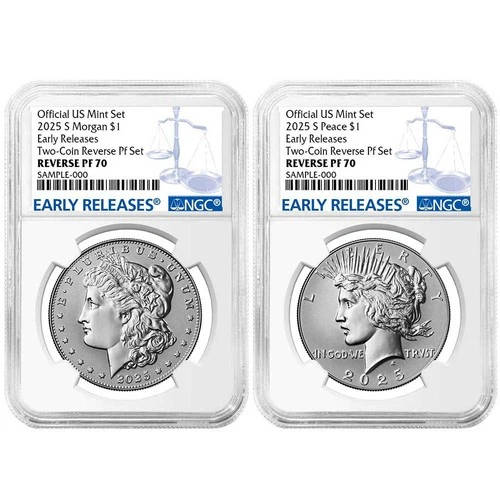 2pc Set - 2025-S Reverse Proof $1 Morgan and Peace Silver Dollar NGC PF70 ER