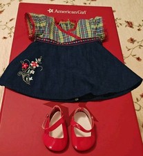 American Girl Bitty Baby Twins Plaid Denim Dress Meet Outfit With Red Shoes