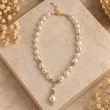Vintage Faux Baroque Pearl Y Drop Necklace Smoky Crystal Rhinestone Gold Tone 20