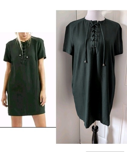 TOPSHOP Dress Size 10 NWT Lace Up Shirt Dress Dark Forest Green Retro Pockets