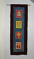 Wall Hanging with Mini Quilts and Jingles Bells Set on Denim--Handmade, Quilted