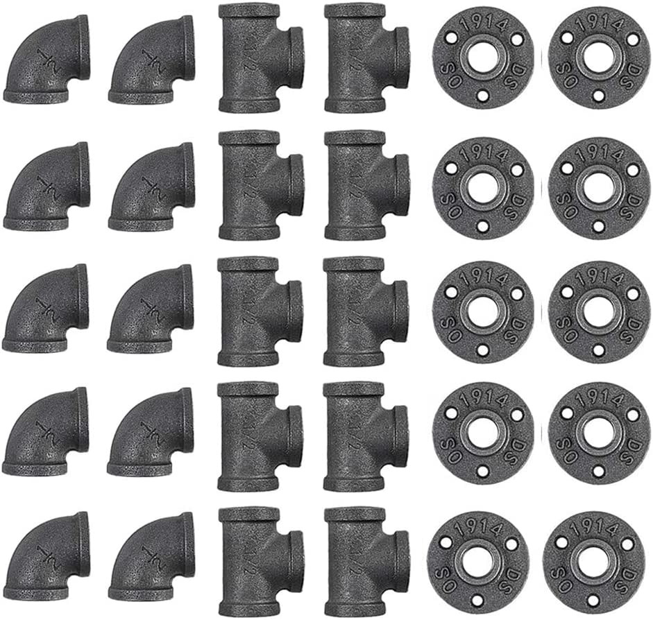 30 Pack 1/2 Inch Cast Iron Pipe Fittings (10 Elbows, 10 Tees, 10 Flange), DIY St