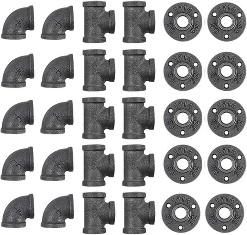 30 Pack 1/2 Inch Cast Iron Pipe Fittings (10 Elbows, 10 Tees, 10 Flange), DIY St