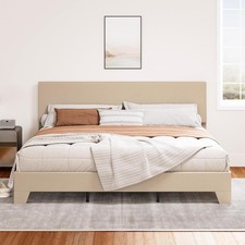 Upholstered King Size Bed Frame with Adjustable Headboard, Stable Matel