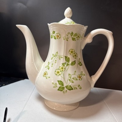 Petite Flora Ironstone Coffee Pot Teapot Floral Green Yellow Made in Japan 4009
