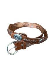 Vtg Mexican Leather Concho Belt Tooled  Scalloped Edges Braided Details Sz 44