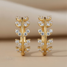 Gold Leaf Huggie Hoop Earrings Tiny CZ Sparkle Huggies