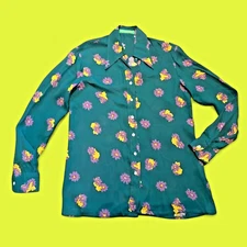 CACHAREL FRANCE vintage 70s 80s green floral disco button down blouse shirt 8 4C