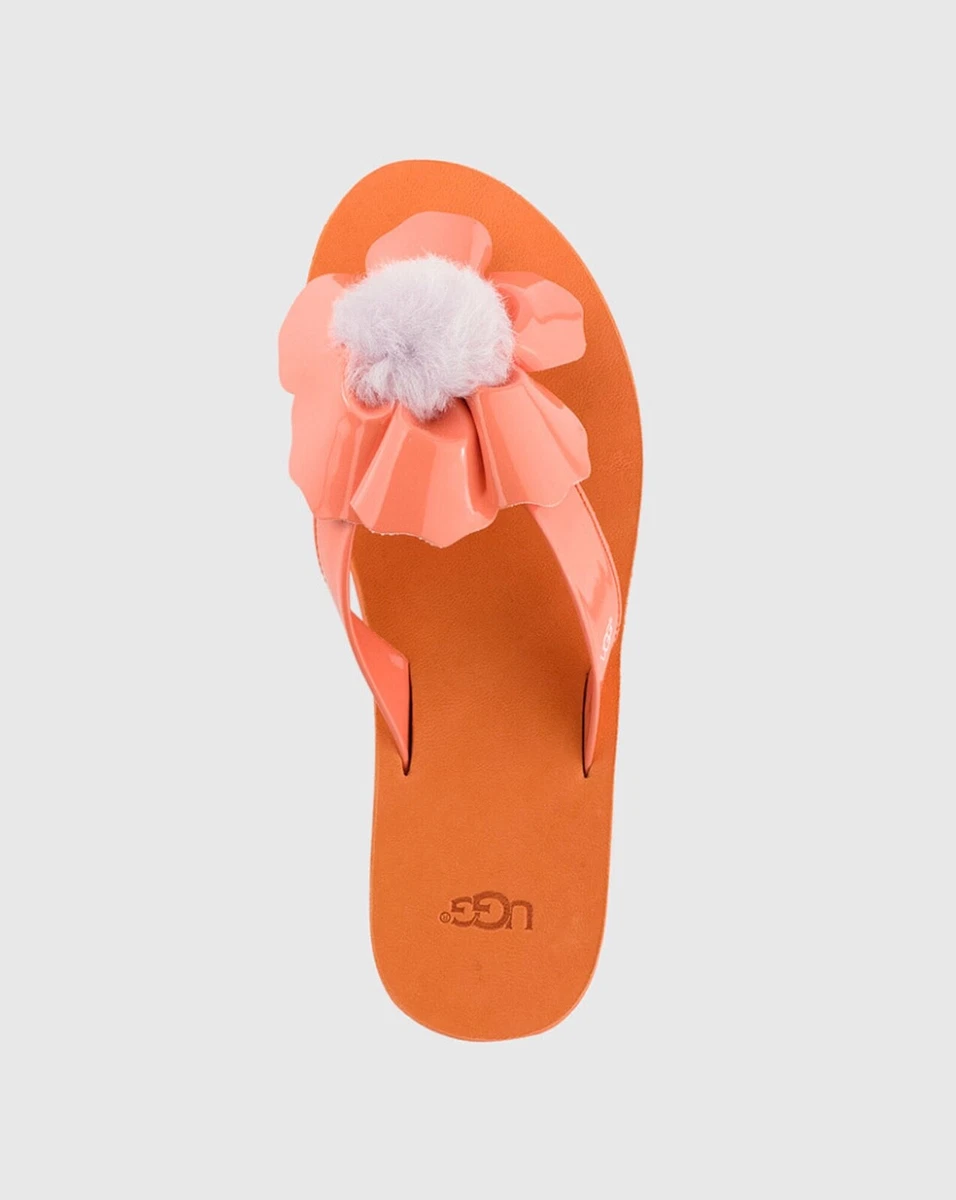 UGG Womens Sandals Coral Patent Poppy Fur Logo Pom Pom Flower Flip Flop Size 6