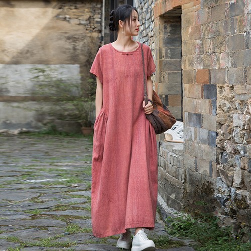 Retro Summer Cotton Linen Womens Short Sleeve Loose Oversized Long Dress Gown sz - Picture 4 of 27
