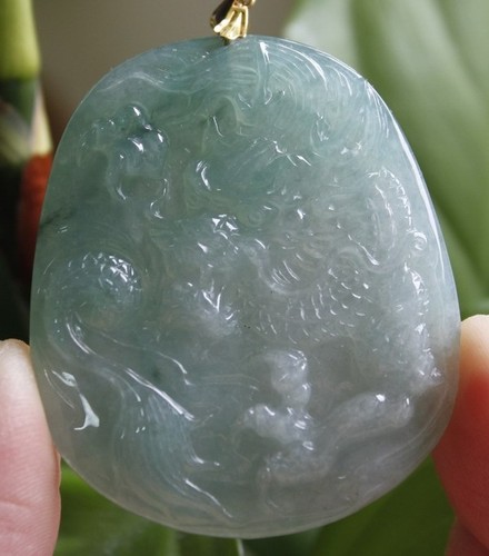 Certified Natural (A) Perfect Untreated Icy Green Jadeite JADE Dragon Pendant - Picture 2 of 12