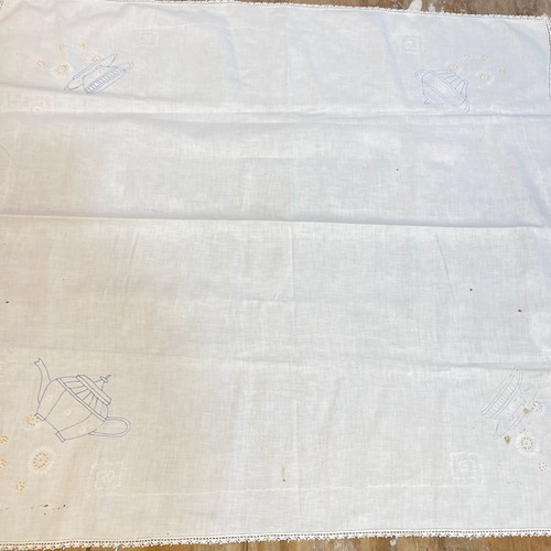 vtg tablecloth luncheon square cotton white embroidery tea cup crochet edge - Picture 2 of 12