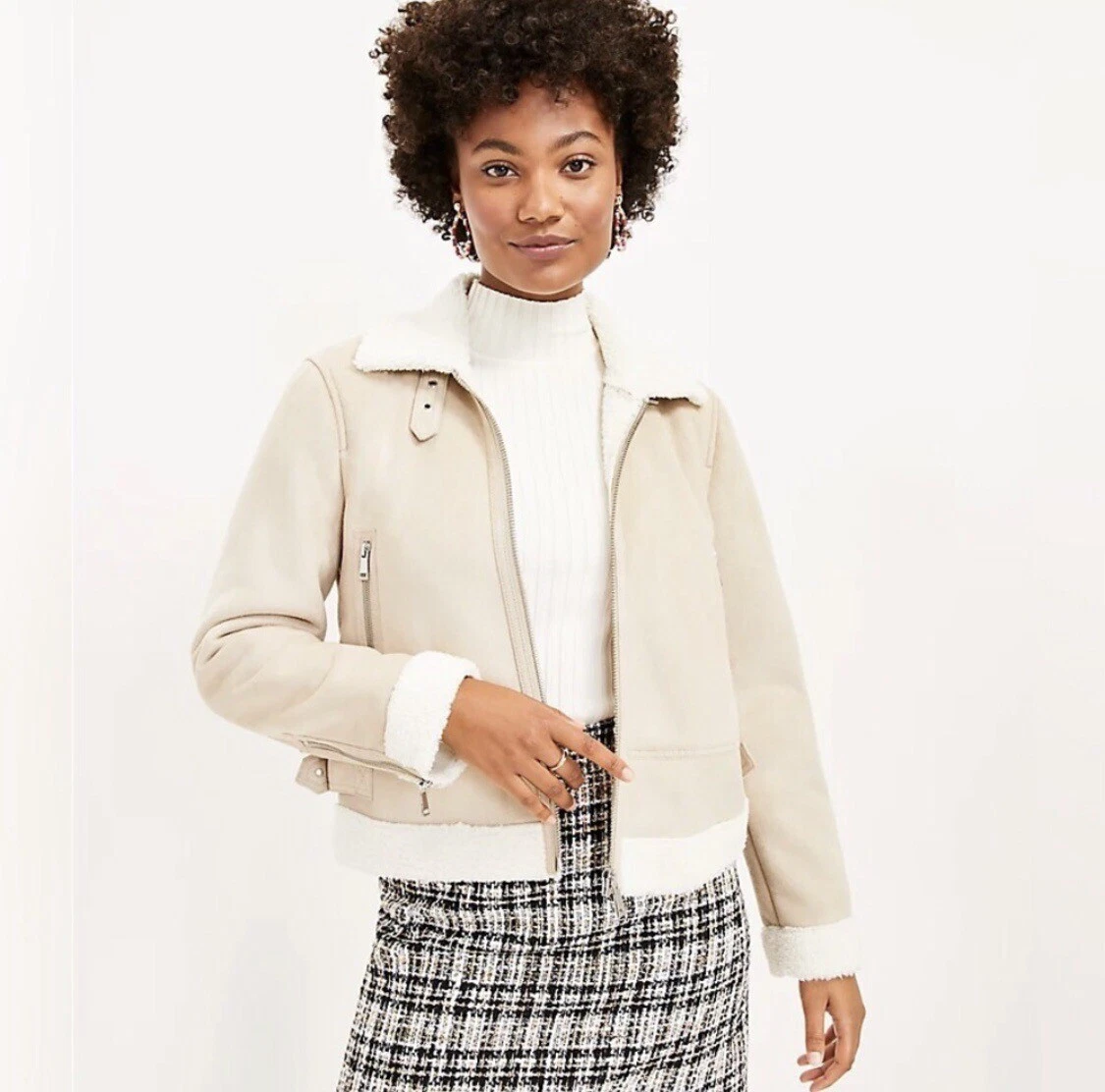 Ann Taylor Loft Aviator Moto Jacket in Beige Tan Faux Suede